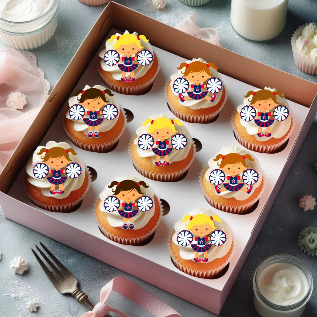 Cute Cheer Edible Cupcake Toppers on cupcakes with white frosting