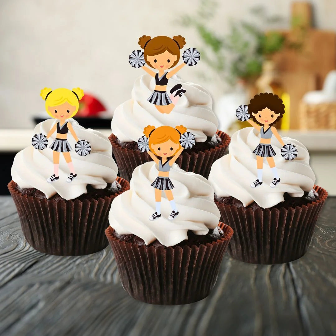 Cheer Theme Edible Cupcake Toppers on chocolate cupcakes with white frosting 