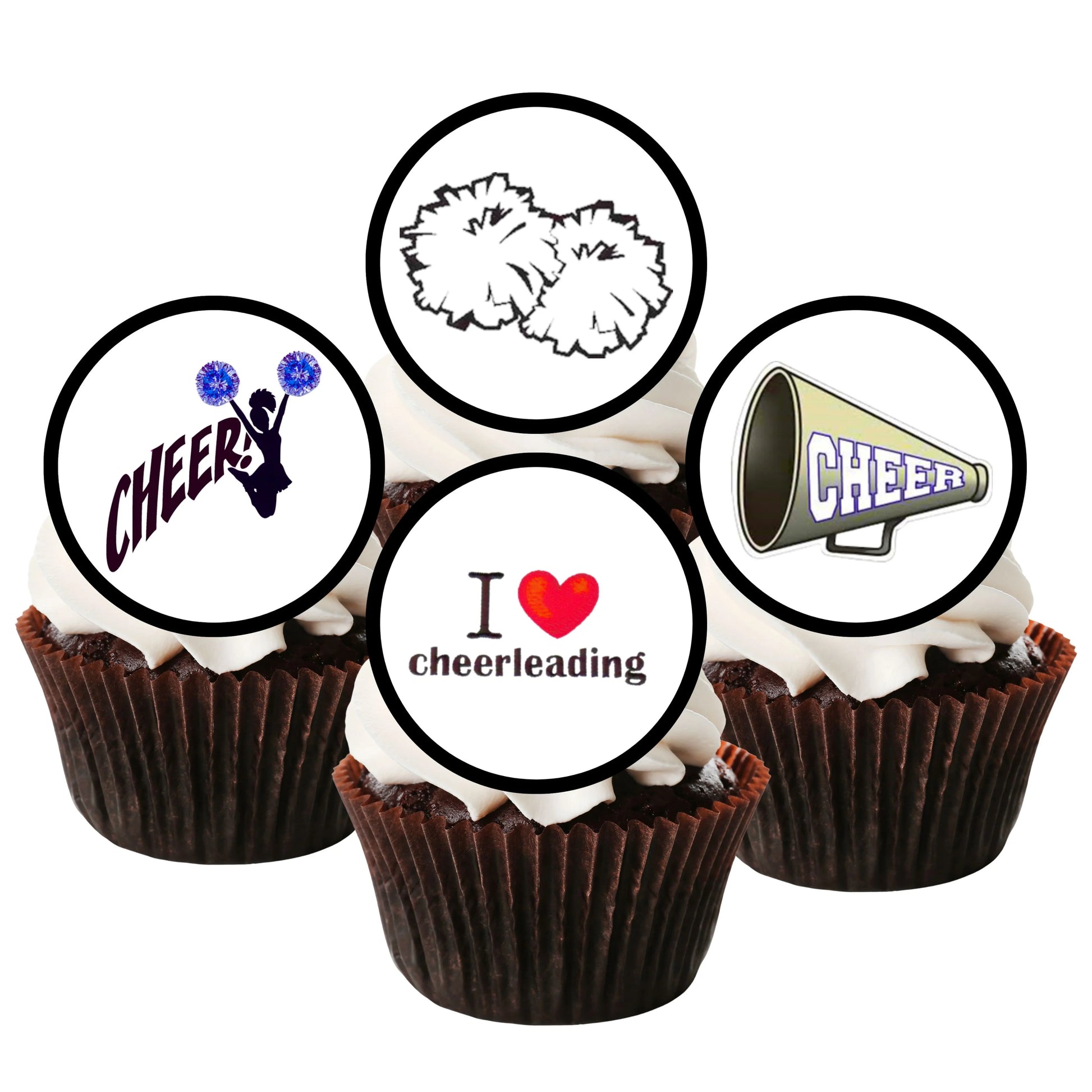 Cheerleading Edible Cupcake Toppers on white frosted cupcakes 