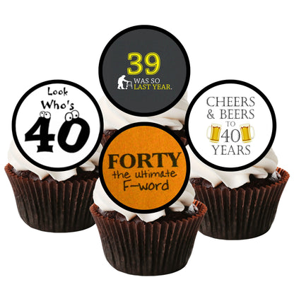 Cheers 40th Birthday Edible Cupcake Toppers with cheeky 40th slogans 