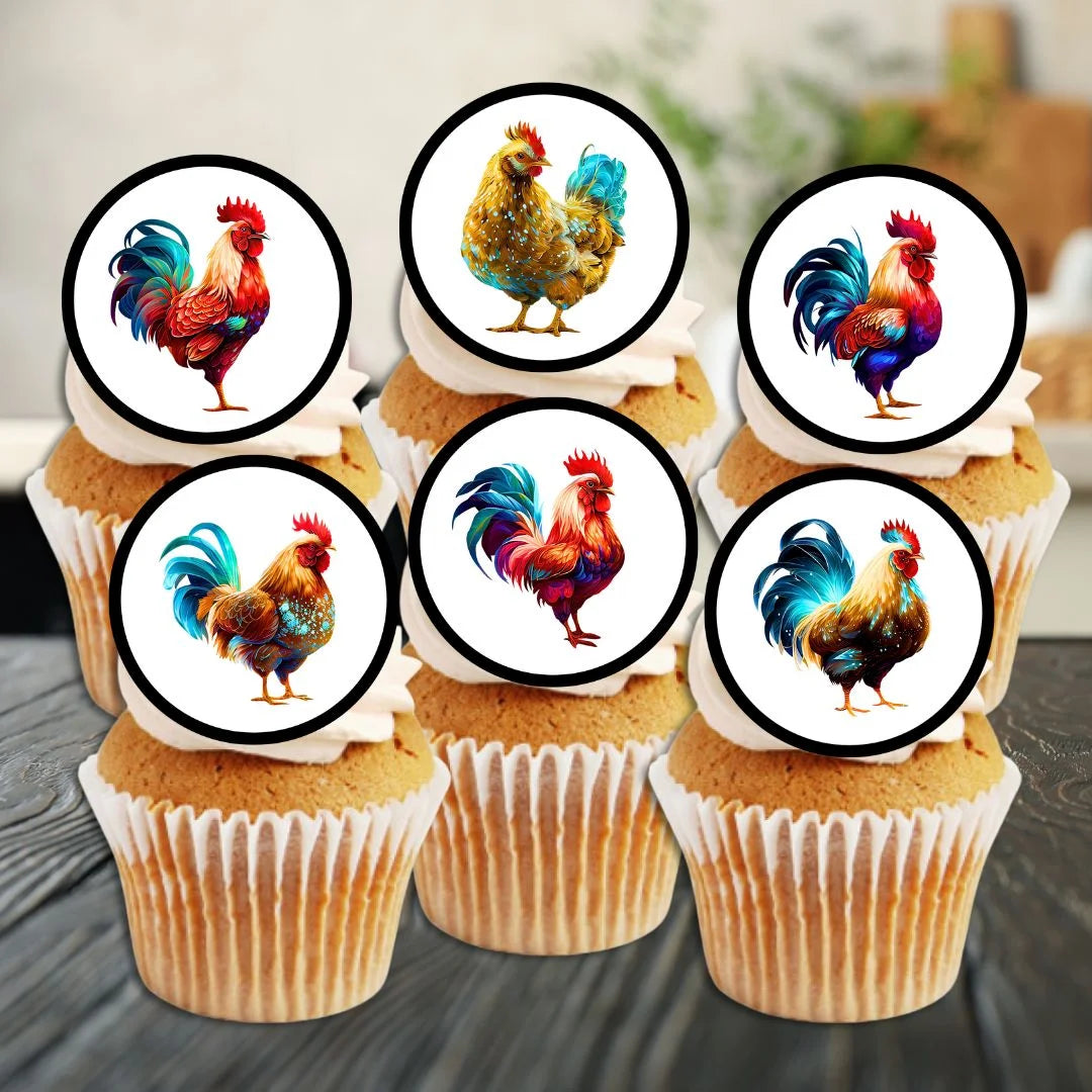 six white frosted cupcakes topped with circular cupcake toppers. The decorations feature colourful illustrations of chickens and cockerels