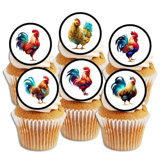 six white frosted cupcakes topped with circular cupcake toppers. The decorations feature colourful illustrations of chickens and cockerels