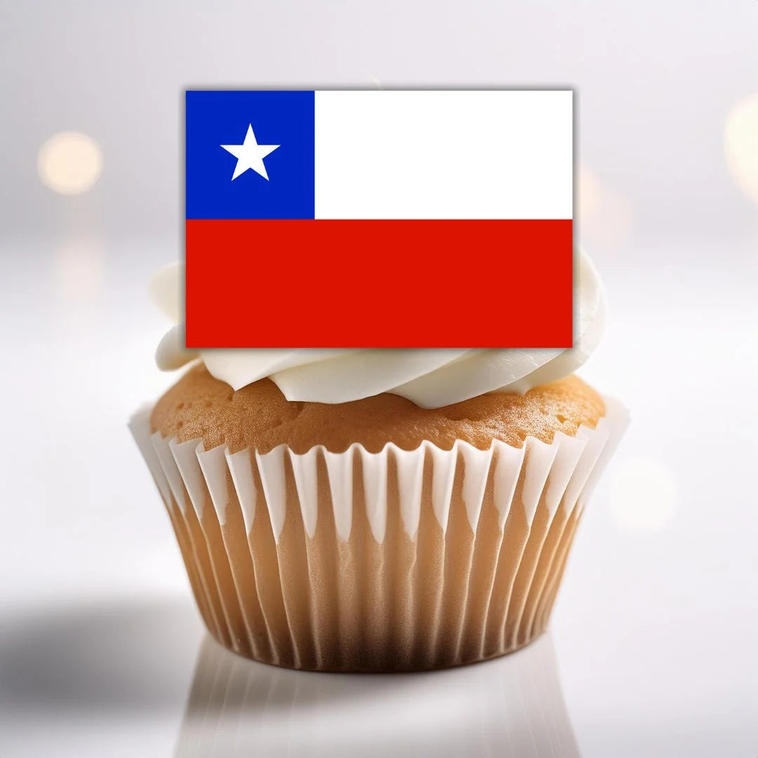 close up of Chile Flag Edible Cupcake Topper on white cupcake 