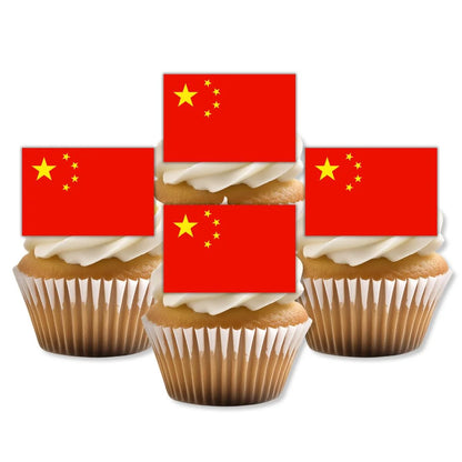 China Flag Edible Cupcake Toppers on white frosted cupcakes