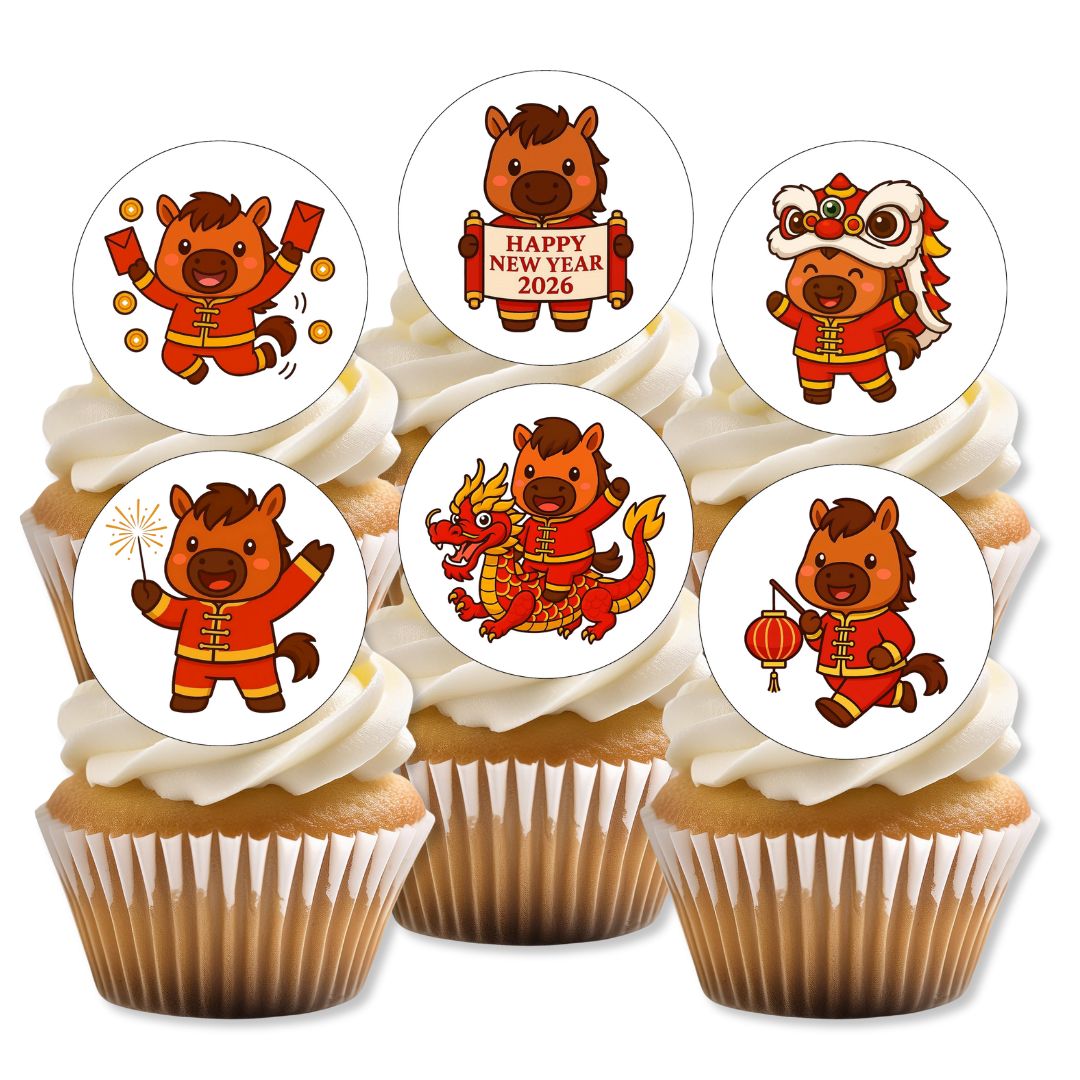 Cupcakes with horse-themed decorations and 'Happy New Year 2026' text on a white background