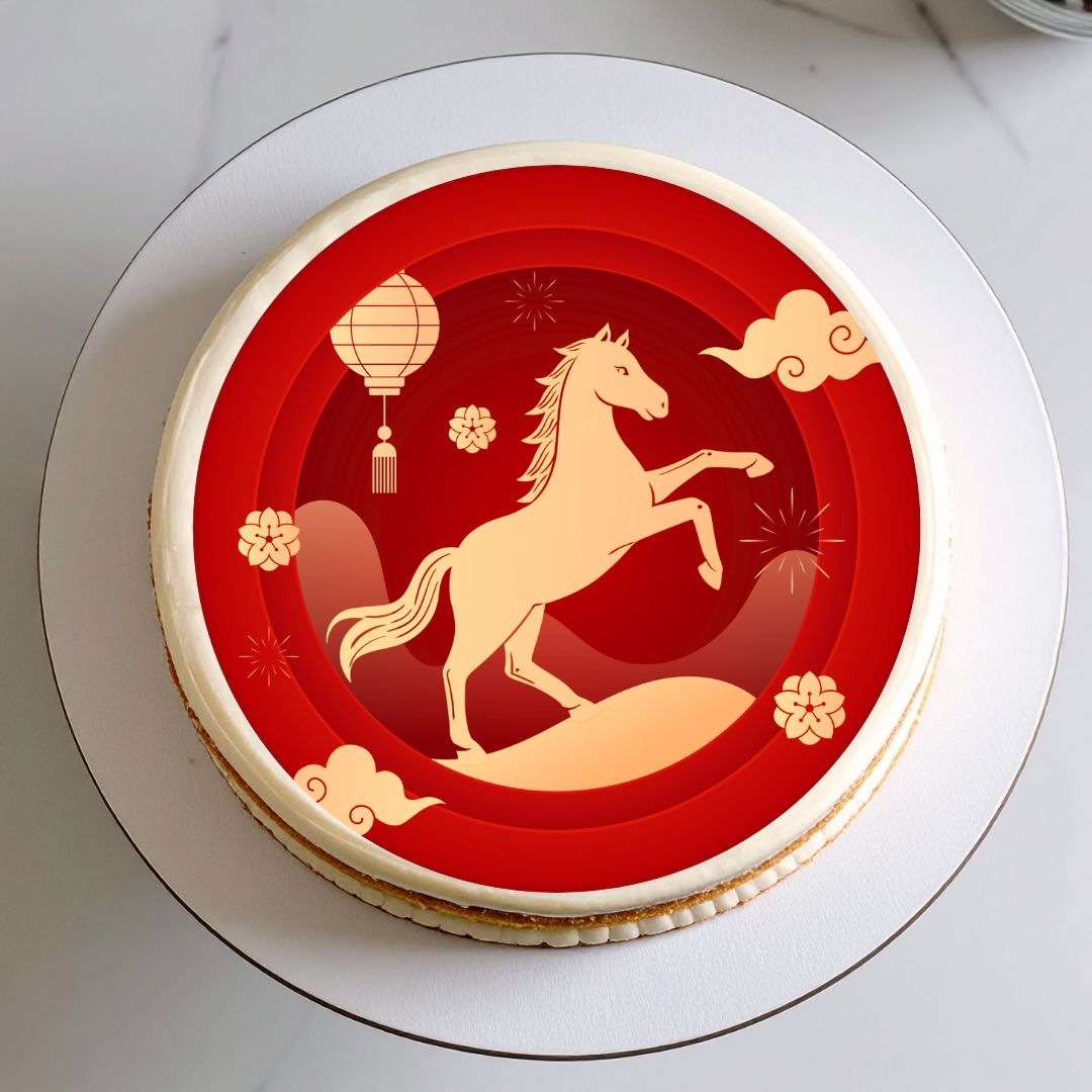 Cake with a horse design on a red background
