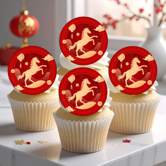 Cupcakes with horse-themed toppers on a white surface, with festive decorations in the background.
