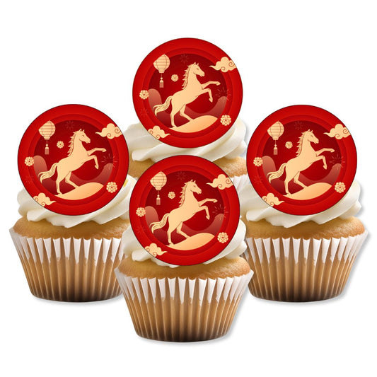 Cupcakes with horse-themed toppers on a white background