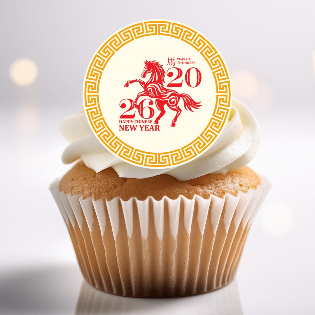 Cupcake with a Year of the Horse 2020 New Year decoration on a white background