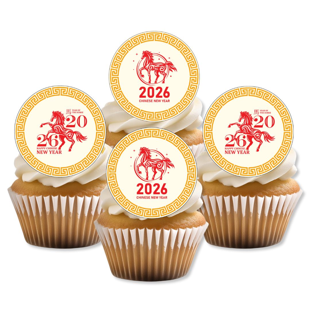 Cupcakes with 2026 Chinese New Year decorations on white background