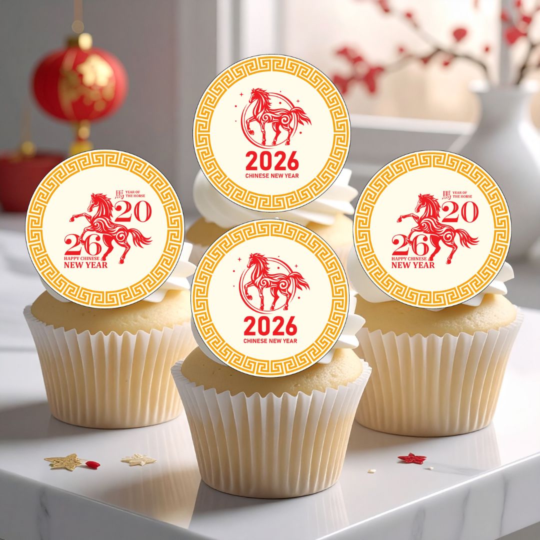 Cupcakes with 2026 Chinese New Year toppers featuring a horse design.
