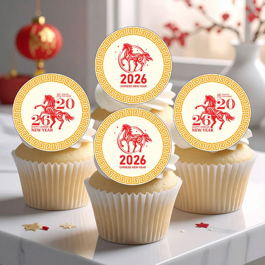Cupcakes with 2026 Chinese New Year toppers featuring a horse design.