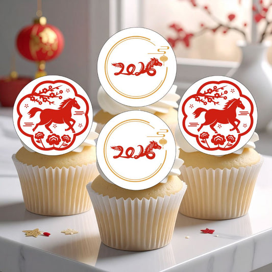 Cupcakes with red and gold horse-themed toppers on a white surface.