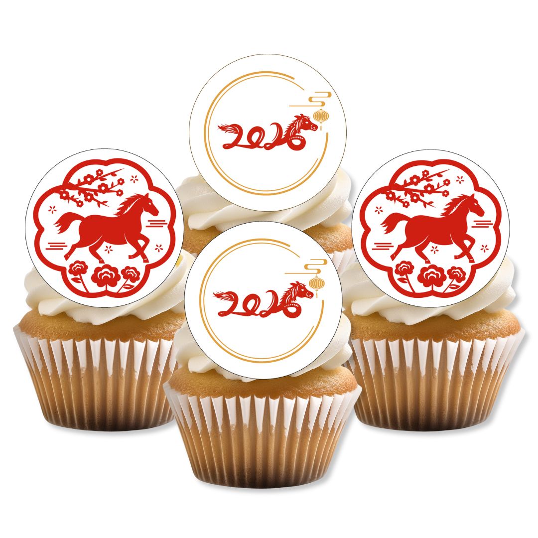 Cupcakes with horse-themed toppers on a white background