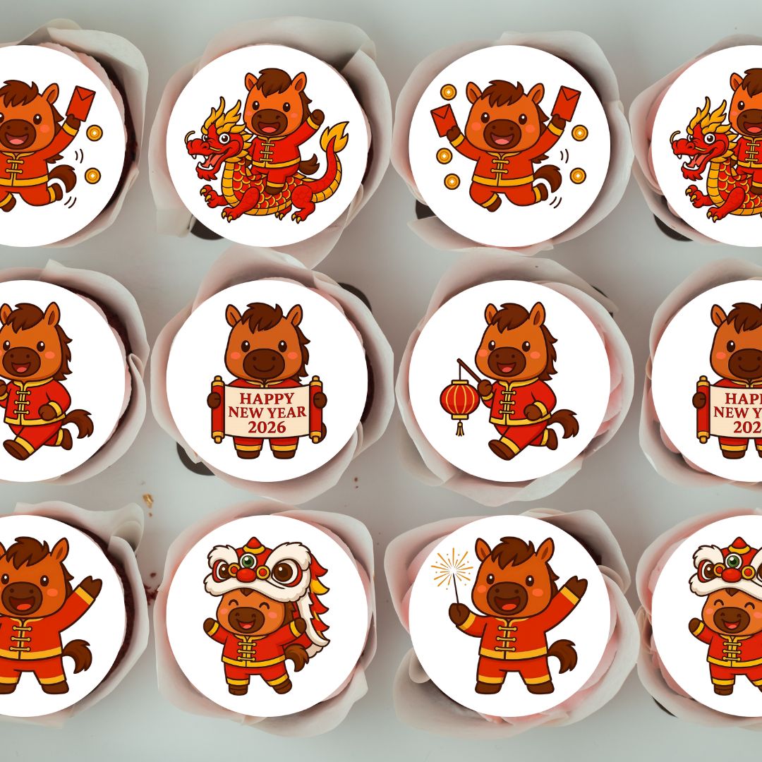 Cupcakes with horse-themed decorations for Chinese New Year 2026 on a white background.