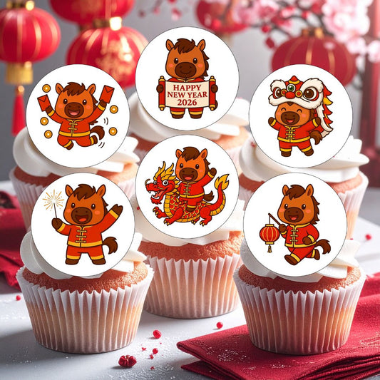 Cupcakes with Year of the Horse themed toppers on a festive background