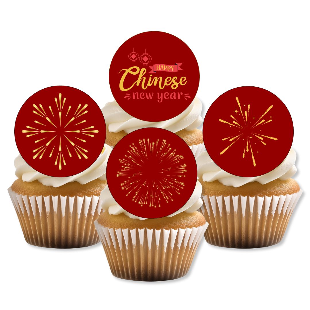 Cupcakes with white frosting and red 'Happy Chinese New Year' toppers on a white background