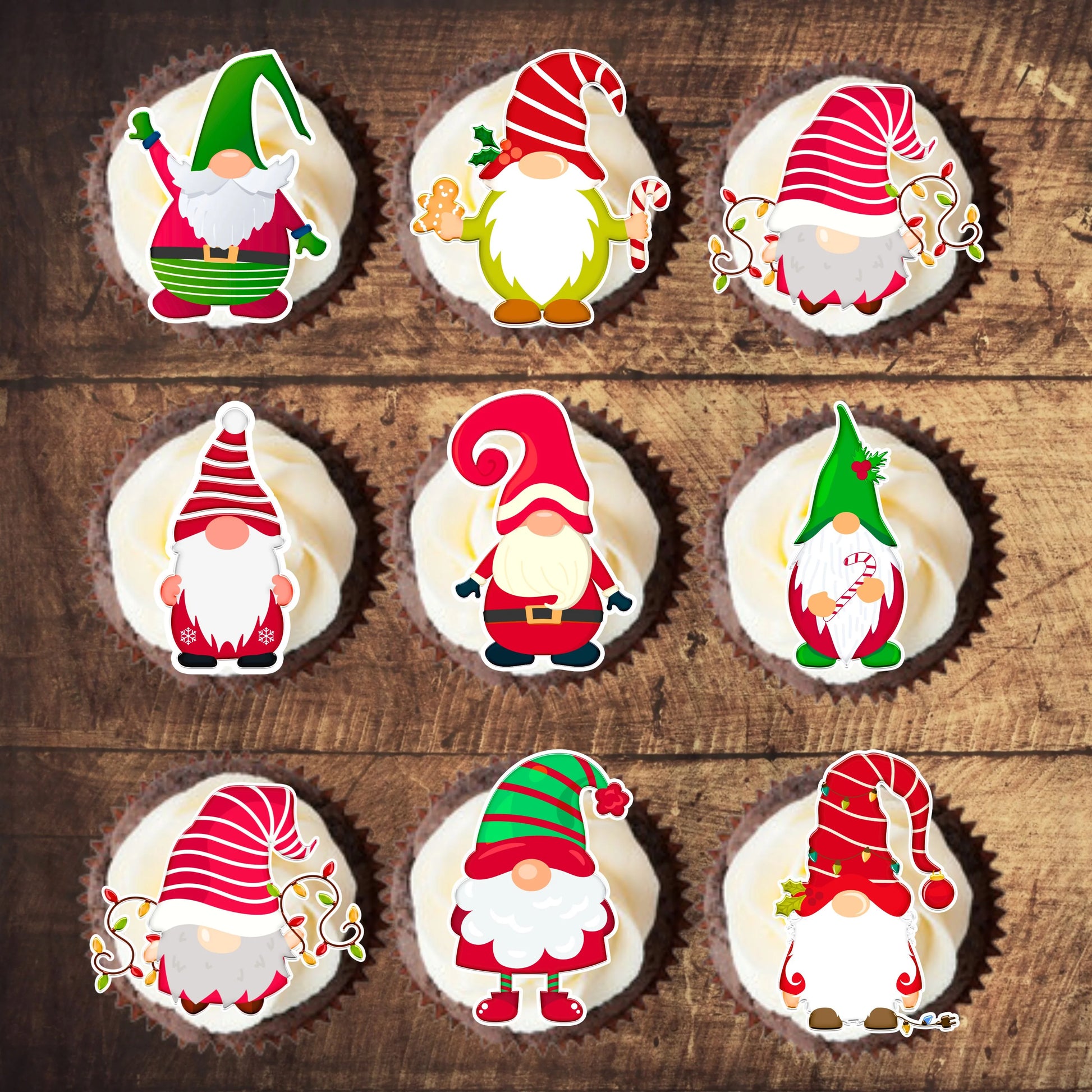 christmas Gnomes Edible Cupcake Toppers on chocolate cupcakes with white frosting