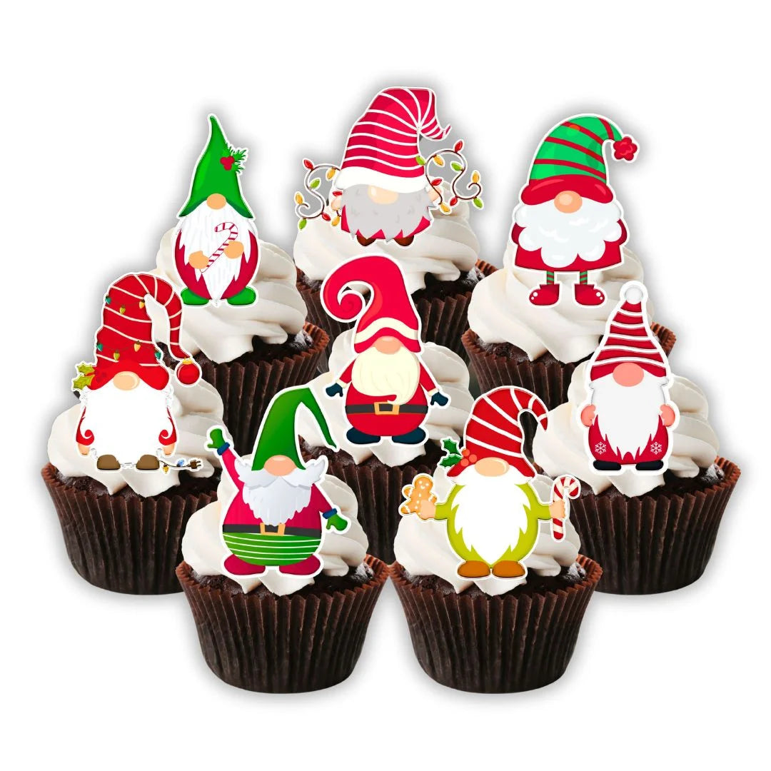 christmas Gnomes Edible Cupcake Toppers on chocolate cupcakes with white frosting