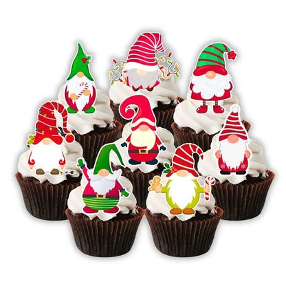 christmas Gnomes Edible Cupcake Toppers on chocolate cupcakes with white frosting