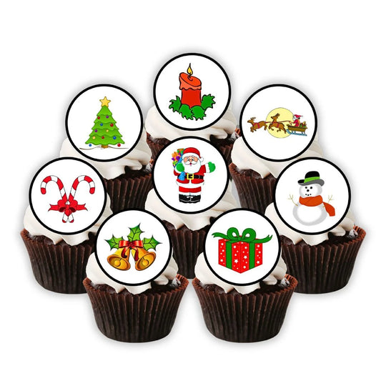 Christmas Theme Mix Edible Cupcake Toppers on chocolate cupcakes with white frosting 