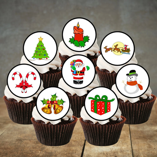 Christmas Theme Mix Edible Cupcake Toppers on chocolate cupcakes with white frosting 