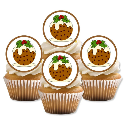 Christmas Pudding Edible Cupcake Toppers on white frosted cupcakes 