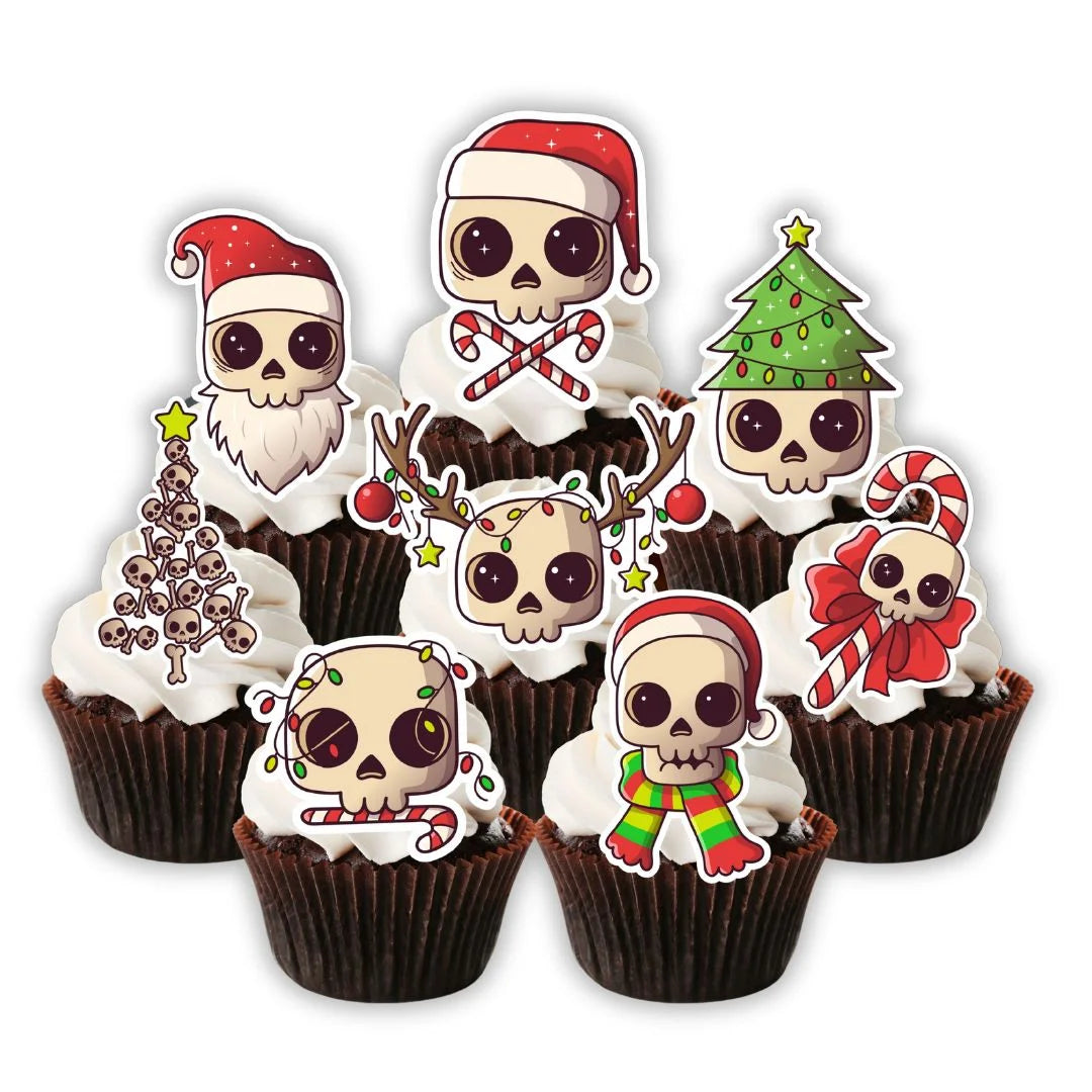 Christmas Skull Edible Cupcake Toppers on chocolate cupcakes with white frosting 