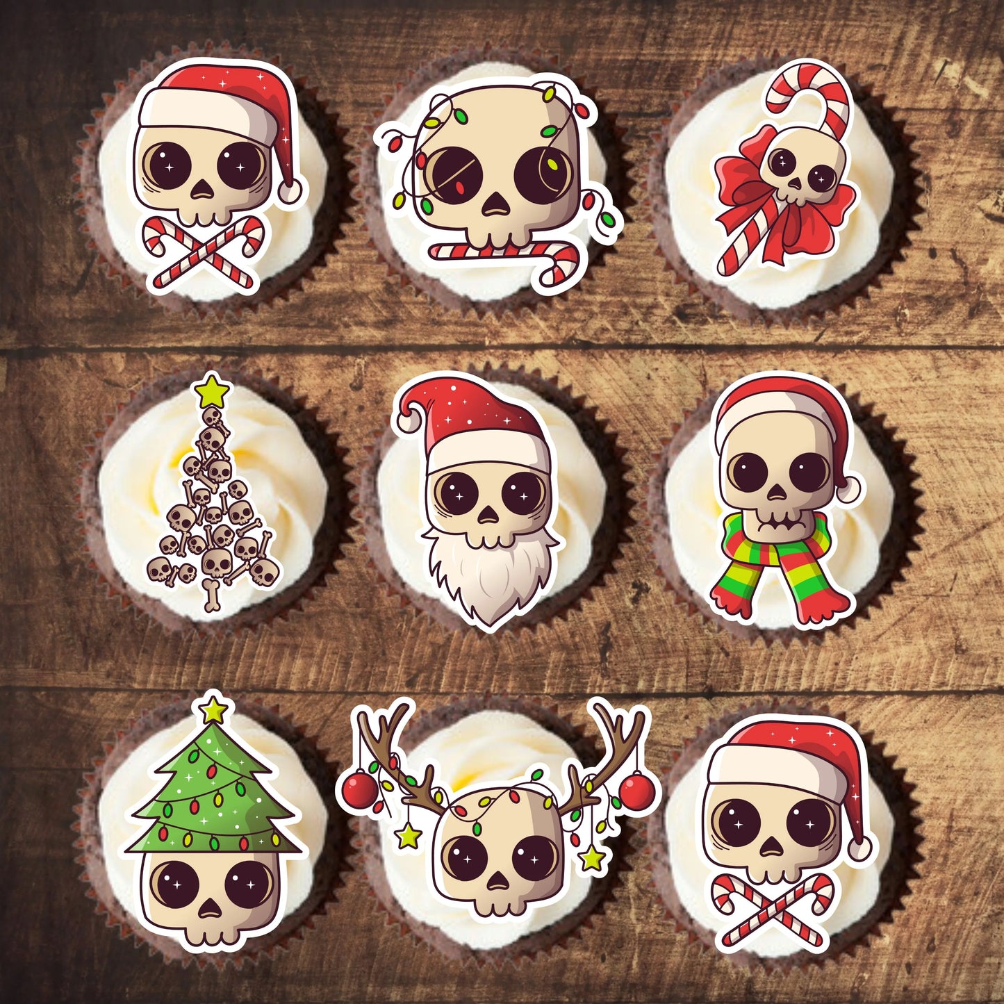 Christmas Skull Edible Cupcake Toppers on chocolate cupcakes with white frosting 