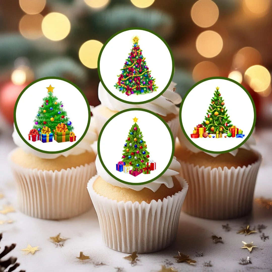 Christmas Tree Edible Cupcake Toppers on cupcakes with white frosting