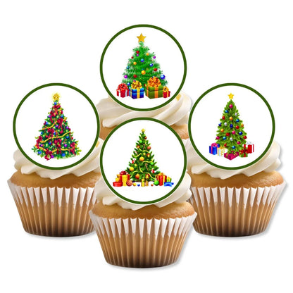 Christmas Tree Edible Cupcake Toppers on cupcakes with white frosting