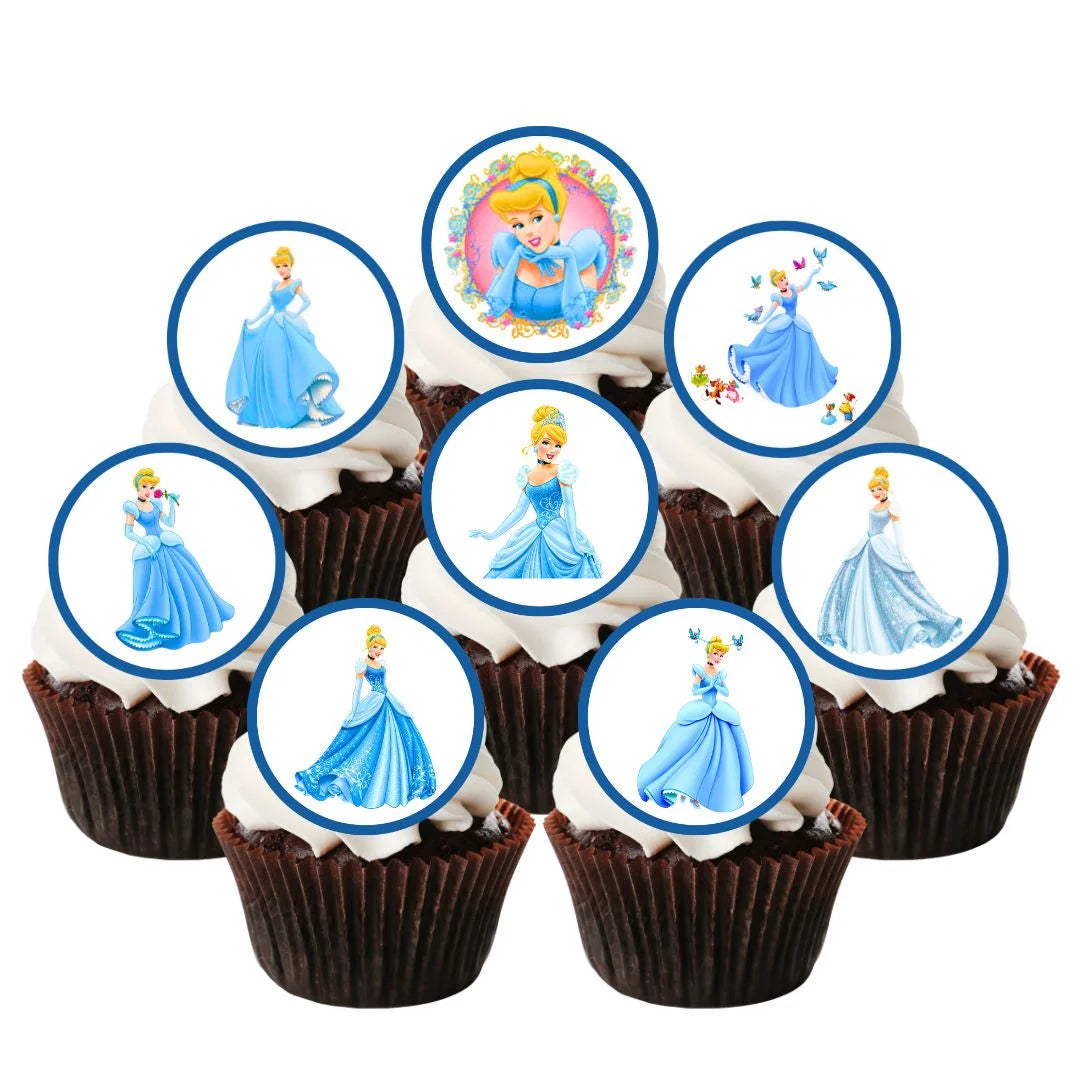 Princess Cinderella Edible Cupcake Toppers on chocolate cupcakes with white frosting 