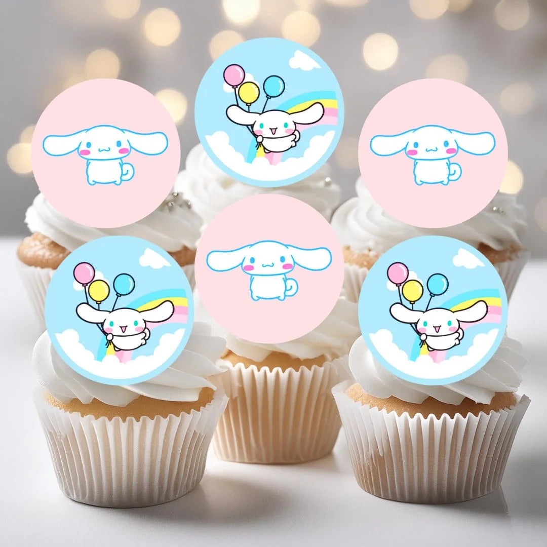 Cinnamoroll Themed Edible Cupcake Toppers pasetl cupcake toppers on white frosted cupcakes 