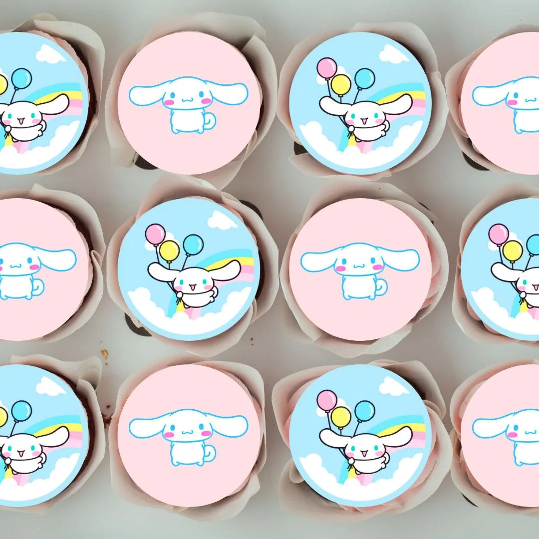 Cinnamoroll Themed Edible Cupcake Toppers pasetl cupcake toppers on white frosted cupcakes 