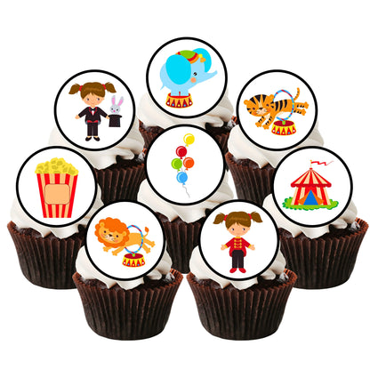 Circus Theme Edible Cupcake Toppers on cupcakes with white frosting