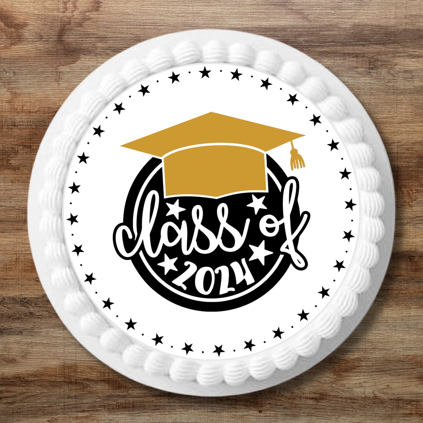 Graduation Class of 2024 Round Edible Cupcake Toppers on white frosted cupcakes 