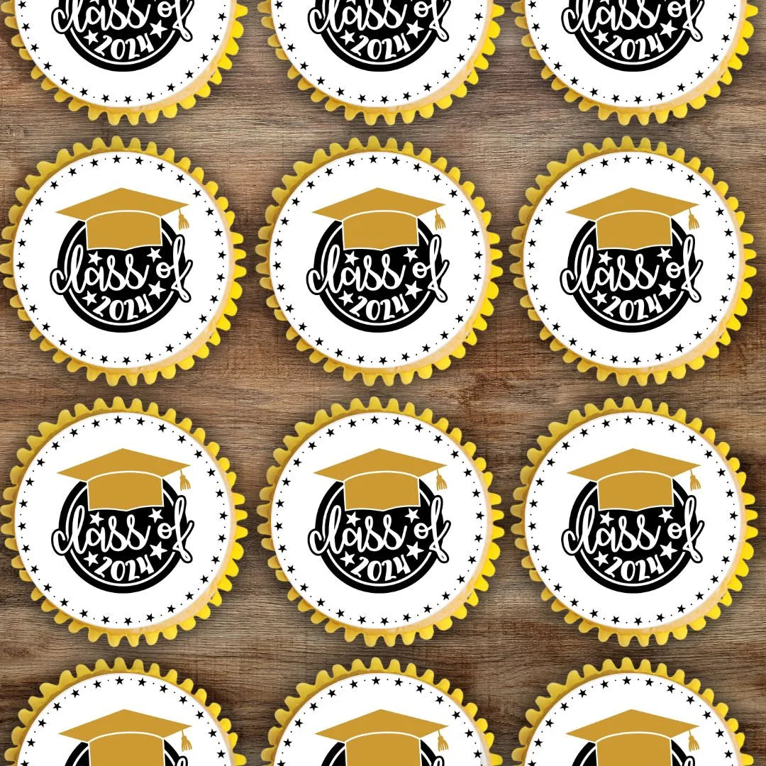 Graduation Class of 2024 Round Edible Cupcake Toppers on white frosted cupcakes 