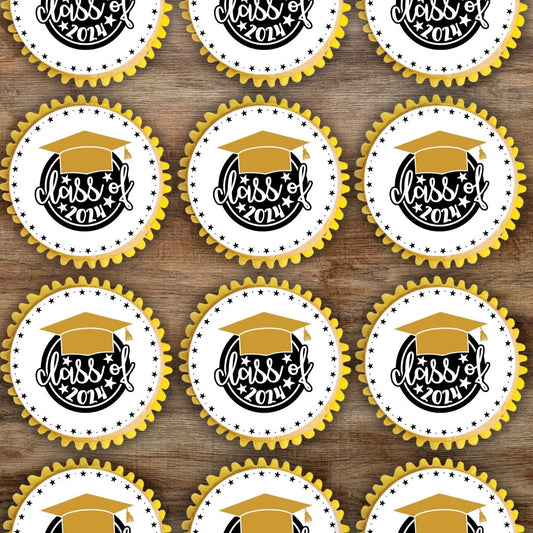 Graduation Class of 2024 Round Edible Cupcake Toppers on white frosted cupcakes 