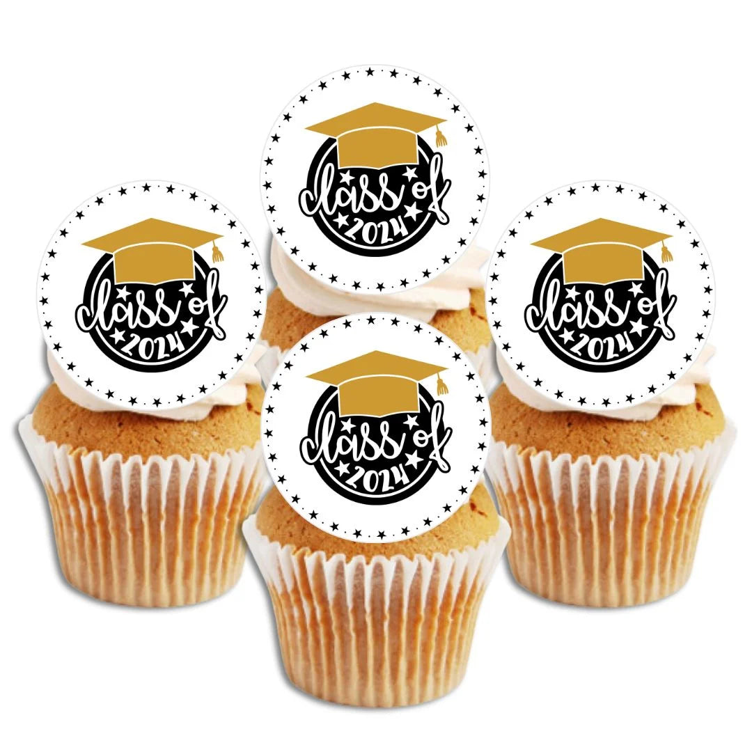 Graduation Class of 2024 Round Edible Cupcake Toppers on white frosted cupcakes 