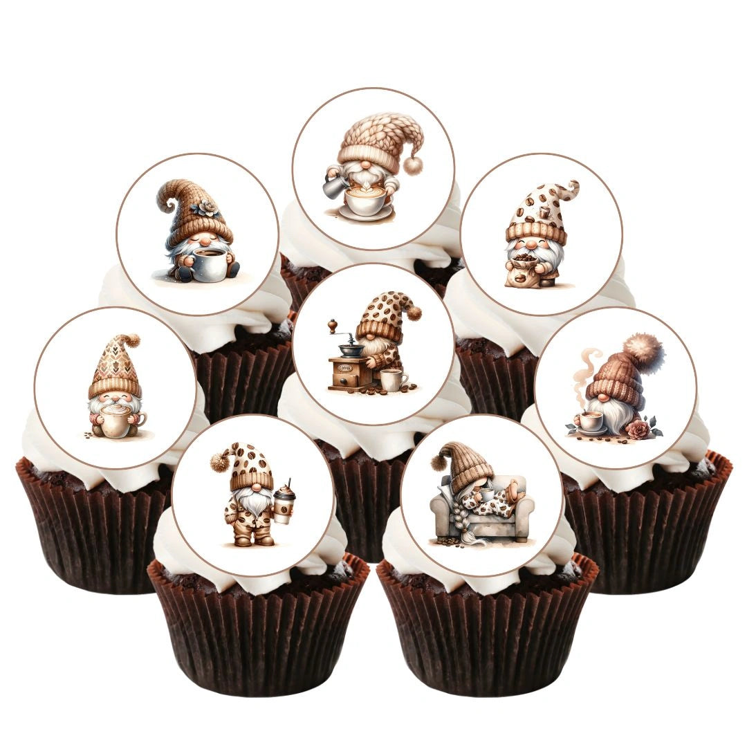 Coffee Gnomes Round Edible Cupcake Toppers on chocolate cupcakes with white frosting 