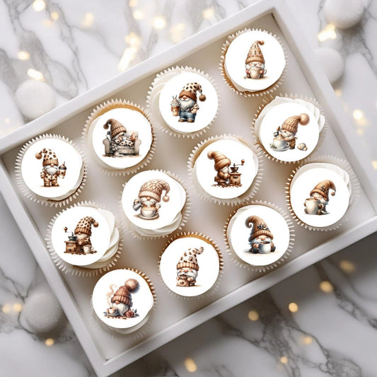 Coffee Gnomes Round Edible Cupcake Toppers on white frosted cupcake 