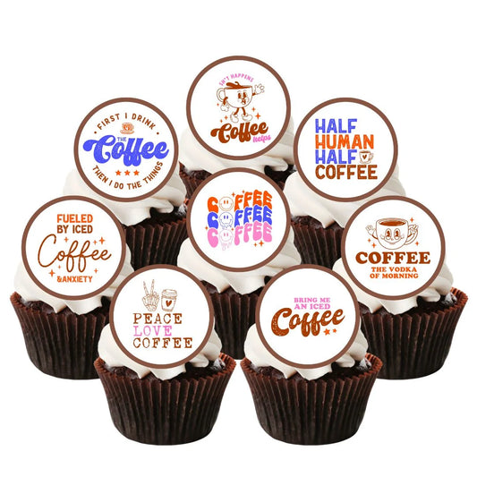 Coffee themed Edible Cupcake Toppers on chocolate cupcakes with white frosting 