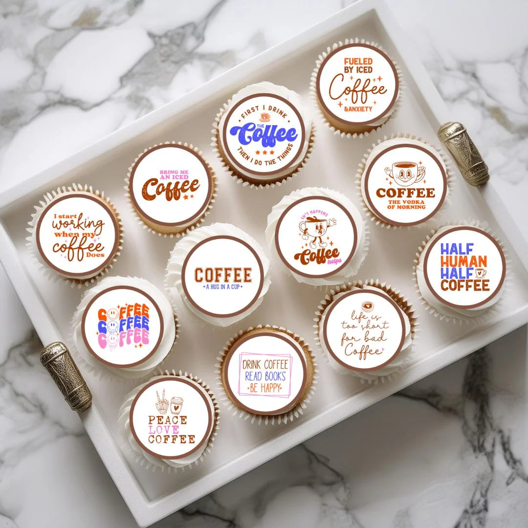 Coffee themed Edible Cupcake Toppers on cupcakes with white frosting 