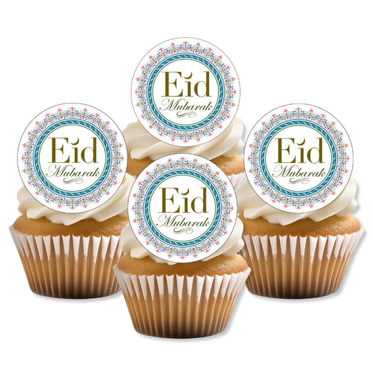 Cupcakes with 'Eid Mubarak' toppers on a white background