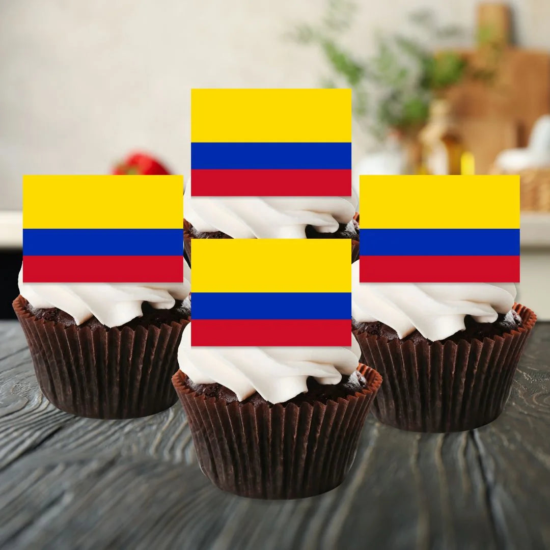 Columbia Flag Edible Cupcake Toppers  on chocolate cupcakes with white frosting 