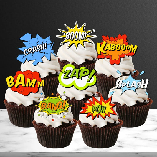 Superhero Comic Book Theme Edible Cupcake Toppers on white frosted cupcakes