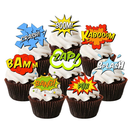 Superhero Comic Book Theme Edible Cupcake Toppers on white frosted cupcakes