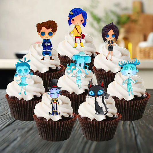 Coraline Themed Edible Cupcake Toppers on chocolate cupcakes with white frosting 