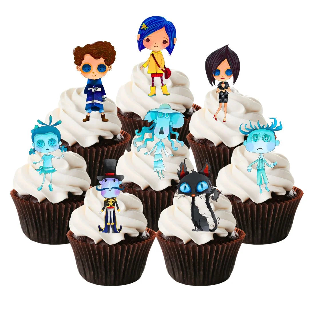 Coraline Themed Edible Cupcake Toppers on chocolate cupcakes with white frosting 