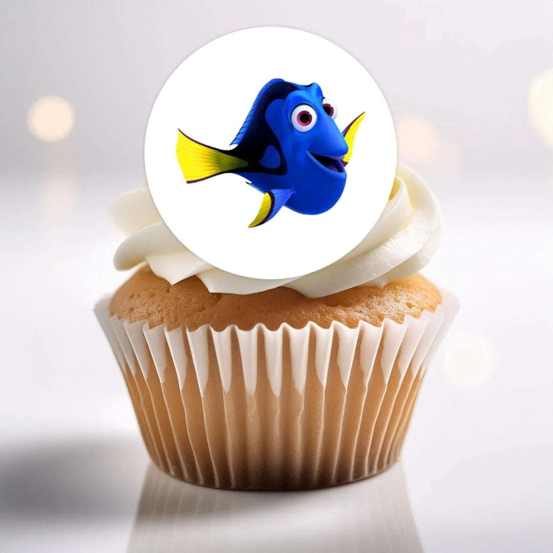 Finding Dory Edible Cupcake Toppers on chocolate cupcakes with white frosting 